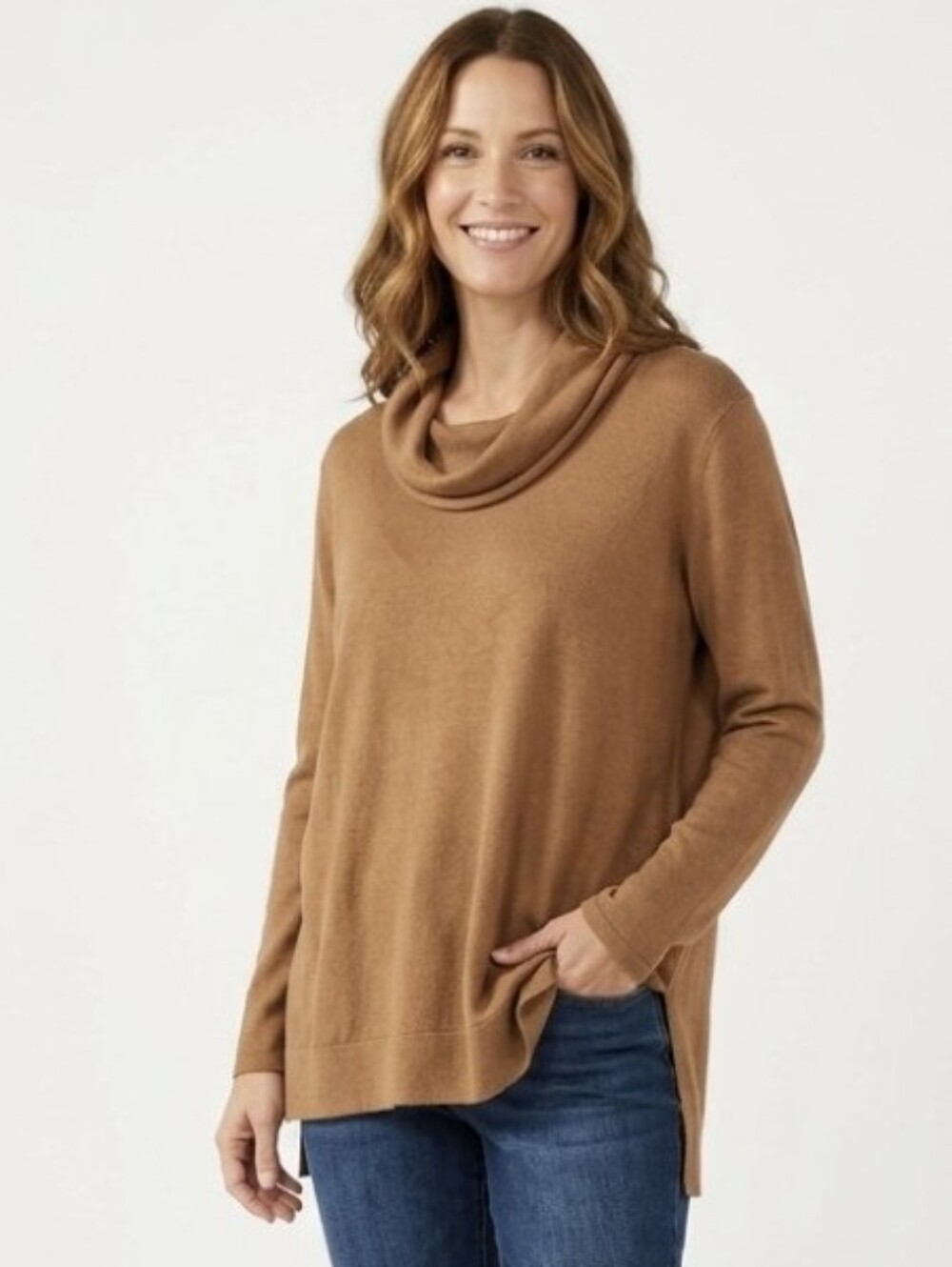 J. Jill Camel Brown Viscose Cotton Blend Knit Cowl Neck Sweater Pullover P Mediu
